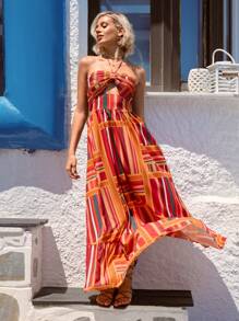 SHEIN VCAY Robe sans manches à col suspendu pour femme en vacances à motif rayé multicolore