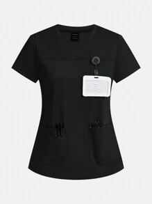 TaskEZ 3 件装女士医用上衣 - 心形 V 领医用上衣，纯色 V 领短袖带口袋医护制服上衣 - 彩色 - 查看 7
