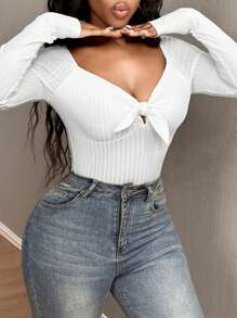 SHEIN SXY 红色罗纹针织上衣，方形领口和系带腰部，长袖 T 恤基本款 T 恤 - 紅色 - 查看 3