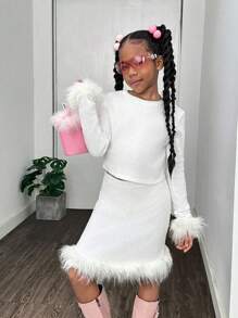 Tween Girl Casual Party Knit Warm Solid Fluffy Trim Crew Neck Long Sleeve Set
