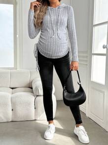 SHEIN Maternity Grey Striped Drawstring Side Crop Long Sleeve Hoodie Top - Grey - View 4