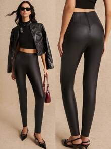 SHEIN Frenchy Women's Black PU Casual Skinny Pants,Black Leather Pants,High Waisted Skinny Pants,Leather Skinny Pants,Women's Skinny Pants,Winter Skinny Pants,French Design,Suitable For Fall And Winter Seasons,Fall And Winter Seasons,Comfortable And Warm,Siren Office,Suitable For Daily Outing,Commuting,Going Out And Dating Wear - Black - View 2