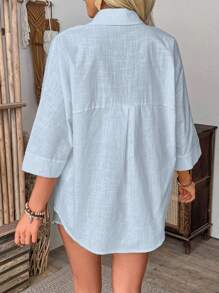 Breezaya Women Simple Solid Color Button Down Loose Cuff Blouse Women Shirt - Baby Blue - View 2