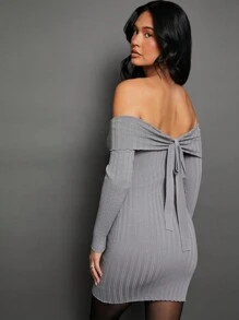 Back Bow Casual Sweater Mini Dress - Dark Grey - View 2