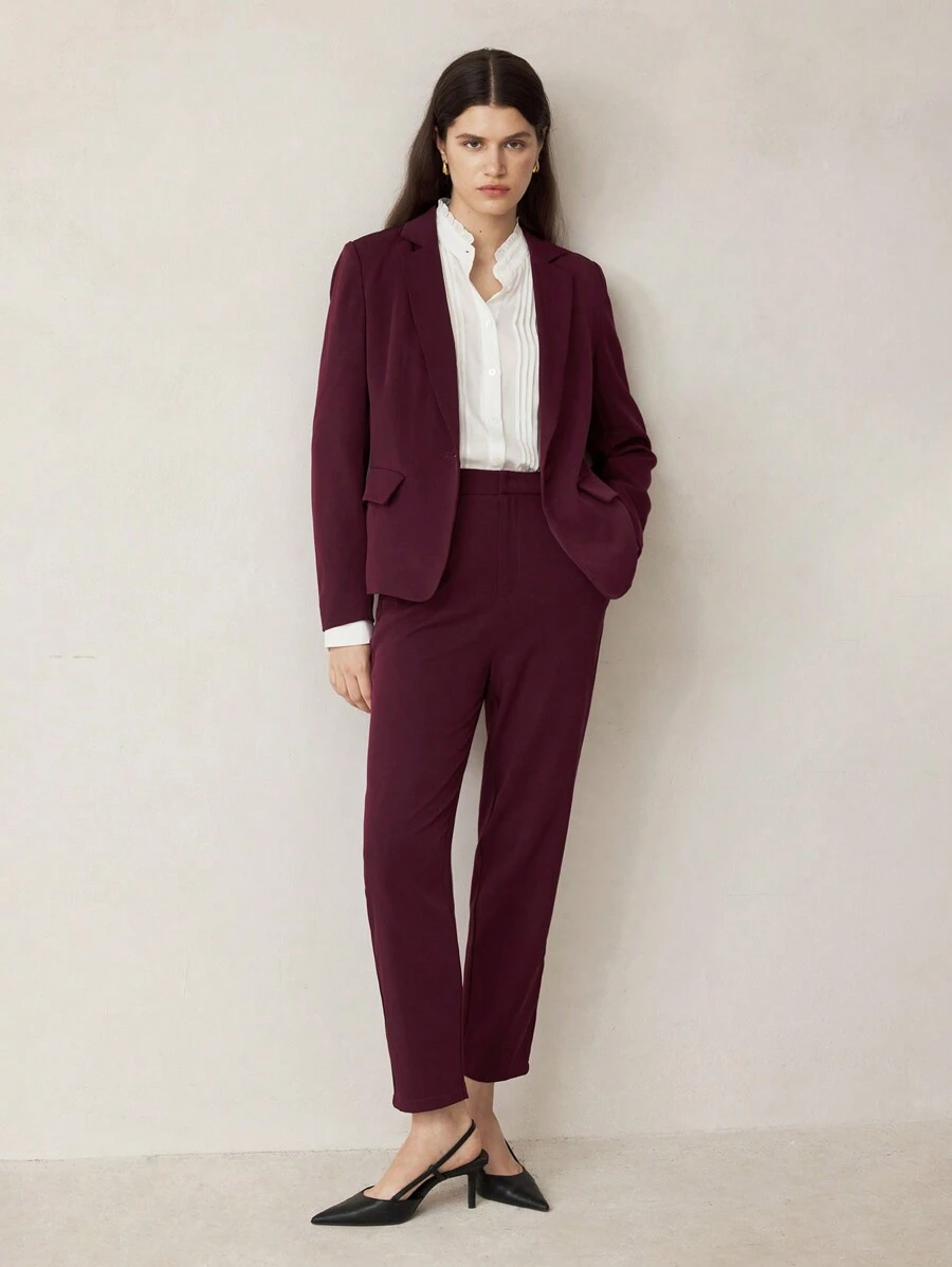 BizChic Traje de chaqueta y pantalón burdeos elegante y profesional para mujer, ropa de trabajo de otoño - Rojo - Ver 1