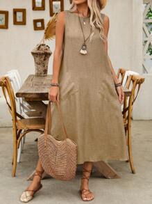Breezaya Vestido Longo Casual Feminino Sem Mangas com Dois Bolsos, Roupa de Praia e Férias - Caqui - Visão 4