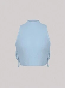 SHEIN Unity Women's Solid Color Simple Sleeveless Tie Side Crop Knitted Top - Blue - View 5