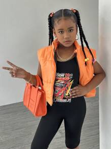 SHEIN 2 sztuki/zestaw Tween Girl Racing Pattern Kombinezon i pomarańczowa wyściełana kamizelka Zimowy strój