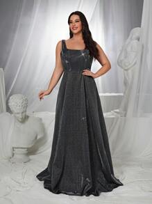 SHEIN Belle Váy dạ hội chữ A cổ vuông buộc dây xương cá màu tím đậm cỡ lớn, váy dạ hội trang trọng thanh lịch, dành cho khách dự tiệc cưới, tốt nghiệp, tiệc tối - Màu xanh lam - Xem 7