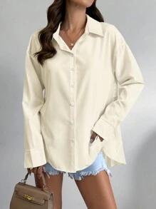 SHEIN LUNE Women's Solid Color Drop Shoulder Long Sleeve Back Pleated Casual Shirt, Spring/Summer Fall Cloth For Women - Apricot - View 2