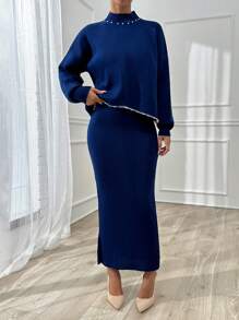 EURMUSE Women High Neck Rhinestone Detailed Drop Shoulder Pullover & Rib Knit V-Neck Maxi Sweater Dress - Navy Blue - View 5