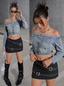 SHEIN Y2K Style Off Shoulder Blue Denim Top For Teenage Girls, Cute Fall Back To School Clothes Outfits