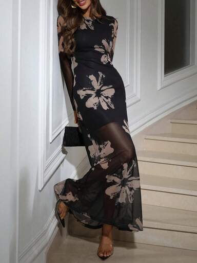 Aveloria Modichic Vestido de gasa con cintura entallada y estampado de flores hecho a mano, vestidos elegantes para mujer