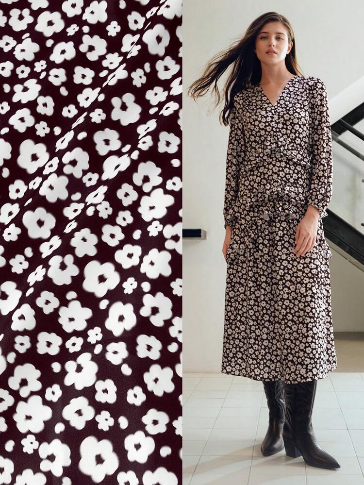 MOTF STUDIO DITSY FLORAL V-NECK LANTERN SLEEVE LAYERED RUFFLE TRIM MIDI DRESS