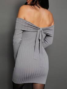 Back Bow Casual Sweater Mini Dress - Dark Grey - View 9