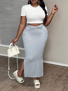 Slaydiva 大尺碼日常街頭風格休閒裙,側開叉口和口袋設計