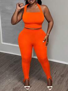Slaydiva Plus Size Women's Halter Neck Sleeveless Top And Tight Pants Two Piece Set - Orange - View 4