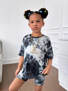 SHEIN 女小童紮染落肩T恤&騎行褲 - 黑色 - 查看 4