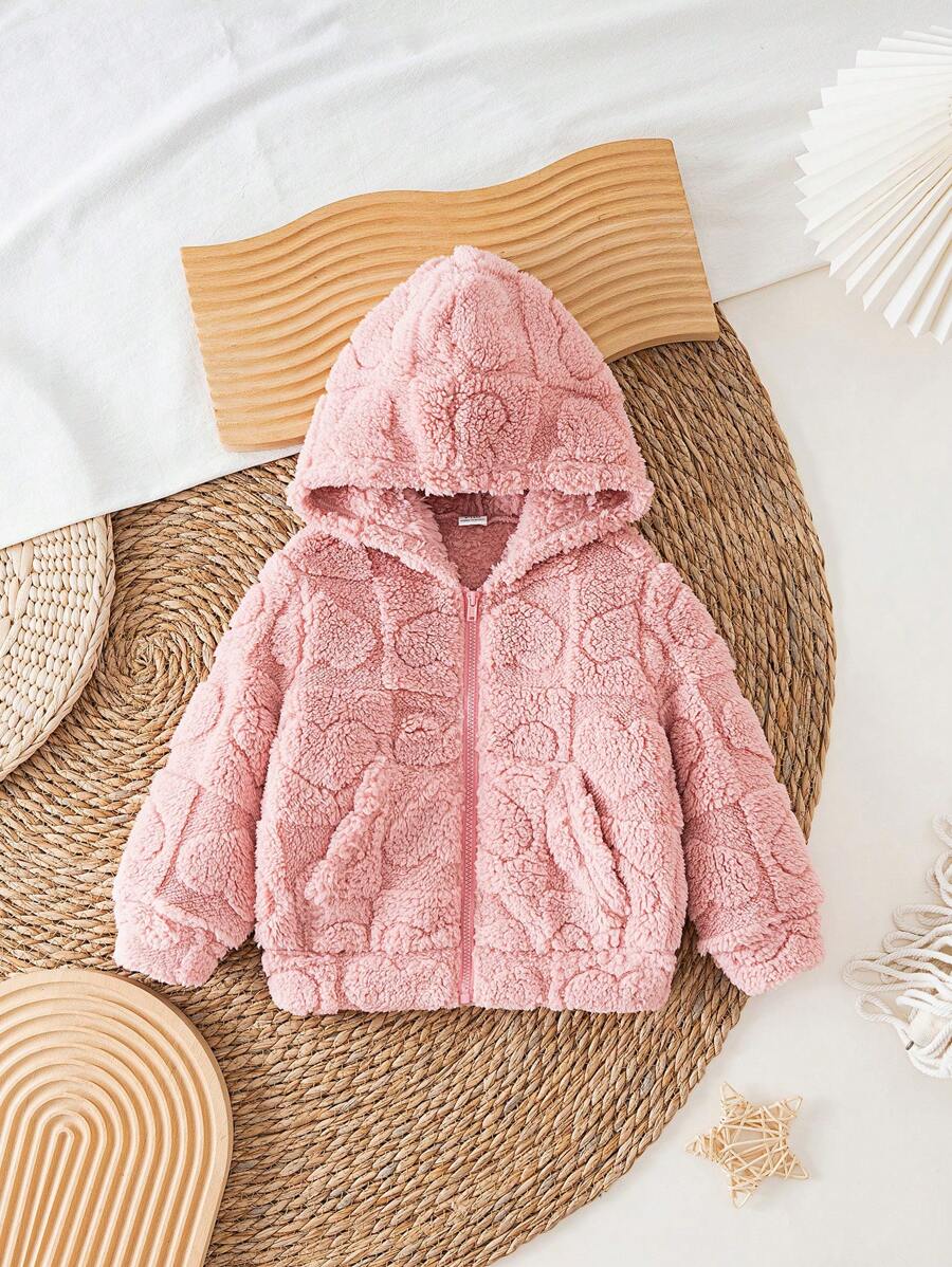 SHEIN 嬰兒女寶寶休閒實色可愛蓬鬆連帽夾克外套