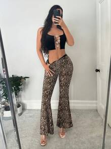 SHEIN SXY Quần ống loe họa tiết da báo phối ren gợi cảm - Nhiều màu - Xem 4