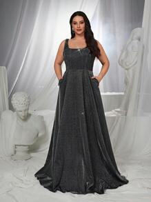 SHEIN Belle Váy dạ hội chữ A cổ vuông buộc dây xương cá màu tím đậm cỡ lớn, váy dạ hội trang trọng thanh lịch, dành cho khách dự tiệc cưới, tốt nghiệp, tiệc tối - Màu xanh lam - Xem 5