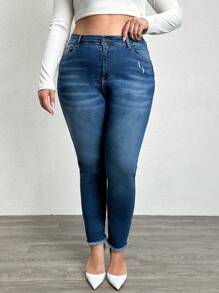 EURMUSE Plus Size Mulheres Bolsos Bainha Desfiada Skinny Casual Jeans - Lavagem escura - Ver 4
