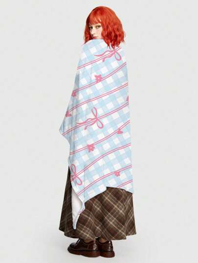 Kawaii 1pc Back To School Bow Plaid Pattern Sweet Girl Blanket, Sofa Throw Blanket, Nap Blanket (Print Location Random)