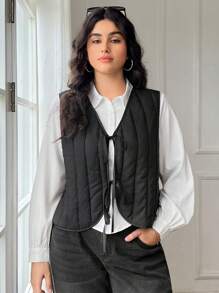 SHEIN EZwear Gilet sans manches réversible matelassé à col en V et nœud, imprimé léopard, style décontracté, tailles grandes, automne-hiver pour femmes