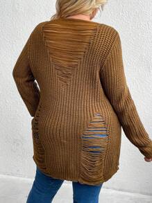 SHEIN CURVE+ 大码拼布设计长袖破洞休闲宽松套头毛衣，适合冬季