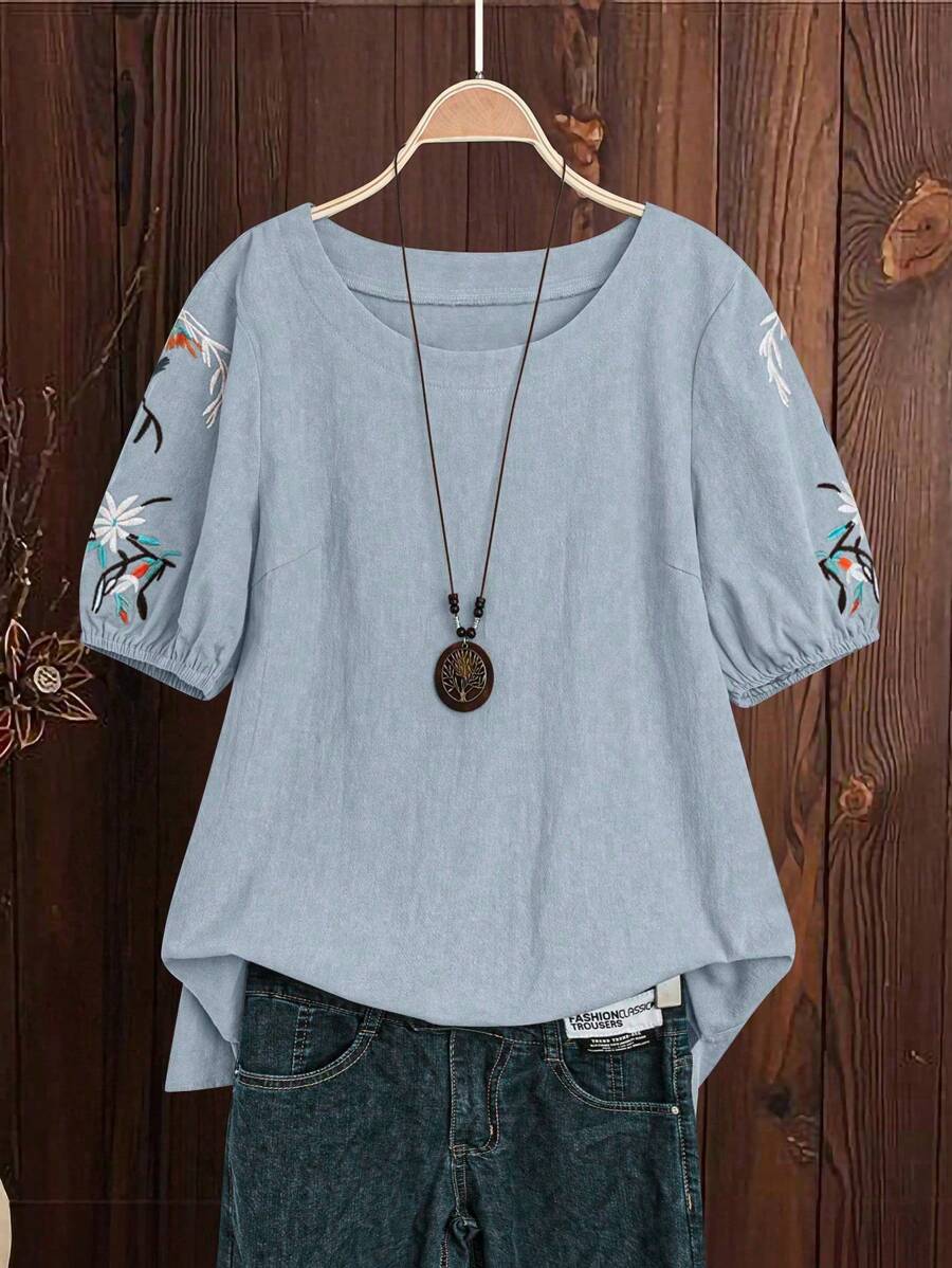 EMERY ROSE 圓領短袖上衣，繡花圖案，日常休閒 - 霧霾藍 - 查看 1