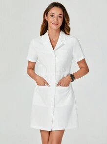 TaskEZ Scrubs For Women, Short Sleeve White Dress In Soft Brushed Twill Laboratory Coat, Short Sleeve Scrubs Uniform Nurse Scrubs