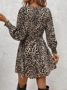 Ellevyn Robe décontracté à manches lanternes imprimée léopard à la mode pour femmes, automne/hiver - Multicolore - Voir 3