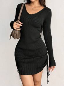 SHEIN Unity 女士纯色 V 领罗纹针织长袖中长连衣裙 - 黑色 - 查看 4