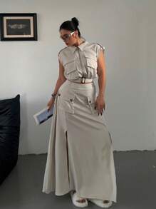 POPSWAY Plus Size 2pcs/Set Sleeveless Zipper Crop Top And High Slit Hem Skirt Set - Apricot - View 3