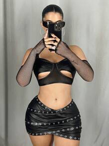SHEIN ICON Y2k Rave Festival tenues haut pour femme avec grille ajourée asymétrique patchwork manches 2 en 1 - Noir - Voir 4