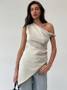 Aloruh Thiết Kế Mới Nhanh Khô Bất Đối Xứng Một Vai Xoắn Viền Chia Viền Tối Giản Áo Sơ Mi Thường Ngày/Ngày Lễ - Màu be - Xem 6