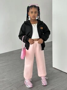 SHEIN 2pcs Gothic Text Fleece Sweatshirt & Pants Set For Tween Girls - Black - View 6