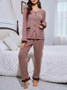 两件套女士撞色滚边纽扣上衣和罗纹绒裤家居服套装，舒适优雅，秋冬服装 - 彩色 - 查看 6