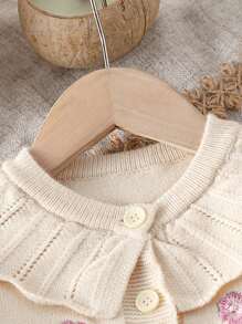 SHEIN 2pcs Baby Girls Fall & Winter Sweater Set - Ruffled Collar Cardigan And Flared Pants, Cute & Elegant - Apricot - View 3