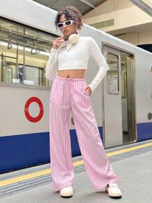 SHEIN Teen Girls Striped Cinched Waist Flare Leg Casual Palazzo Pants, Pink & White