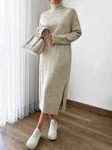 SHEIN Cottnline Women Solid Color Turtleneck Drop Shoulder Long Sweater Dress - Beige - View 4