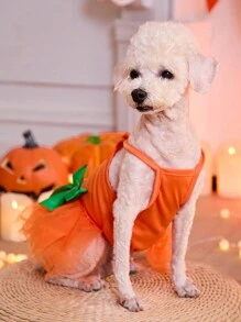 PETSIN 1pc Halloween Orange Pumpkin & Funny Face Print Cute Mesh Tulle Dress For Cats/Dogs - Multicolor - View 5