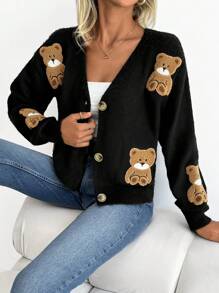 EURMUSE BEAR EMBRODERY DETAIL CARDIGAN - Black - View 4