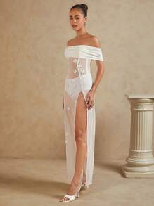 SHEIN Unity Off Shoulder 3D Flower Embellished Sheer Dress