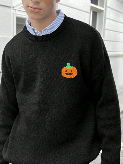 Manfinity VCAY 1 件男士 Y2K 趣味休闲超大高街复古风格南瓜保暖厚套头衫秋季万圣节时尚简洁修身款冬季