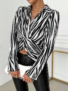 SHEIN SXY Women's Casual Zebra Stripe Pleated Twist Blouse, Spring And Autumn - Black and White - View 7