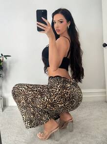 SHEIN SXY Quần ống loe họa tiết da báo phối ren gợi cảm - Nhiều màu - Xem 3