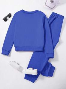 SHEIN 2 件套年轻女孩休闲学院风字母压花羊毛运动衫和运动裤套装，秋冬 - 藍色 - 查看 2