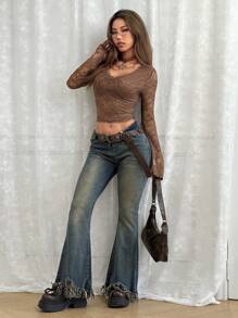 SHEIN EZwear 女式 V 领修身复古蕾丝喇叭袖 T 恤，春夏 - 棕色 - 查看 6