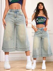 SHEIN EZwear Jeans de mezclilla de pierna ancha y lavados de 3/4 para mujer, de estilo casual de verano - Lavado ligero - Ver 6